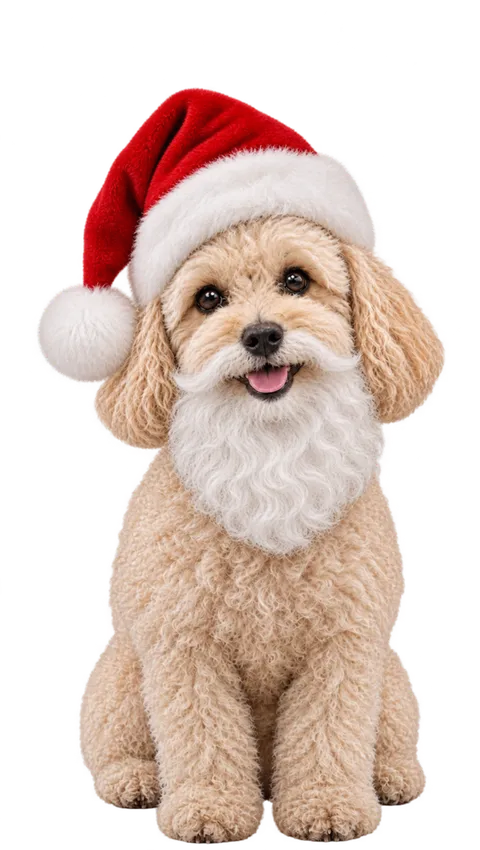 Ollie met een kerstmuts en witte baard