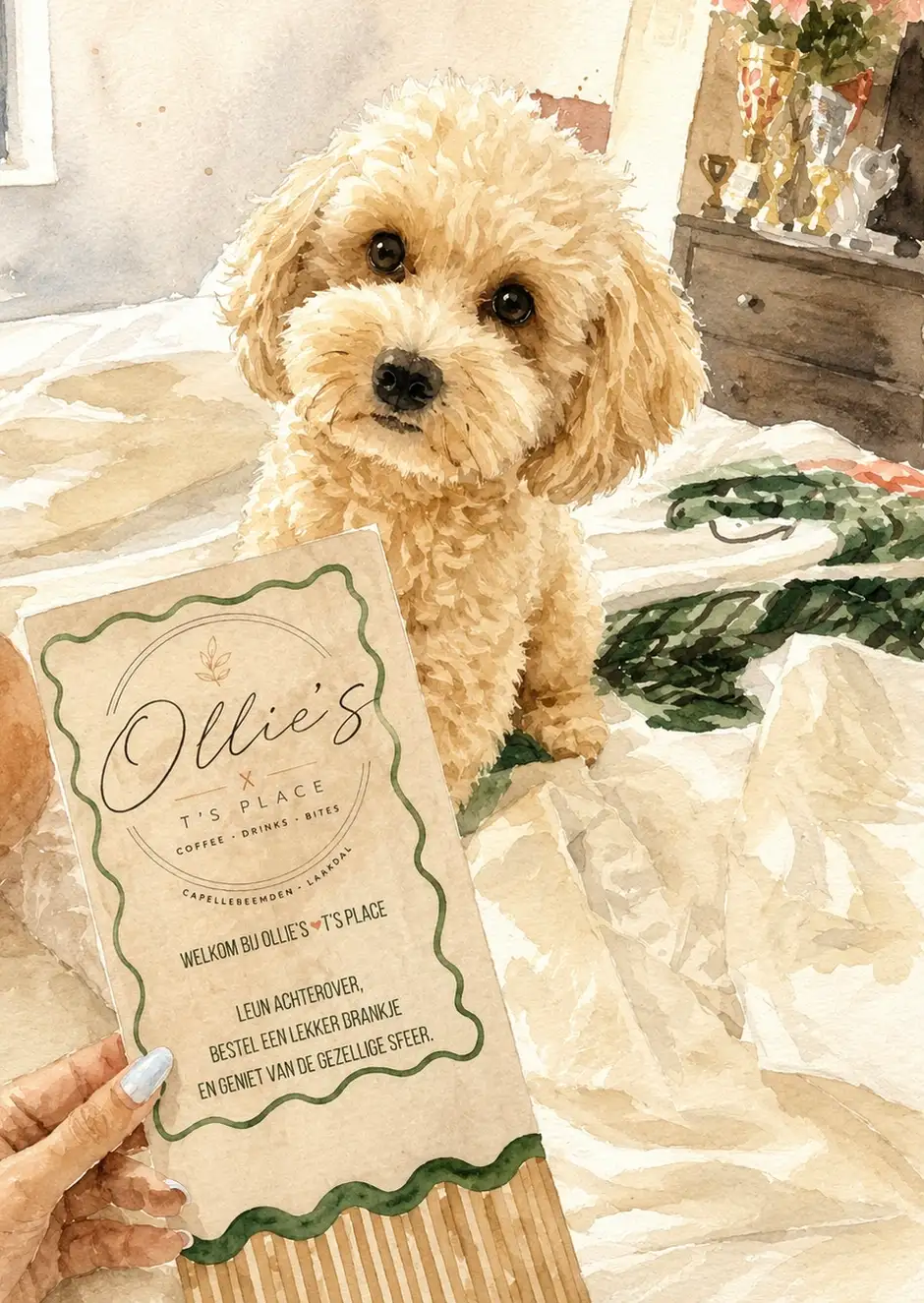 Ollie, het hondje, met de menukaart van Ollie's
