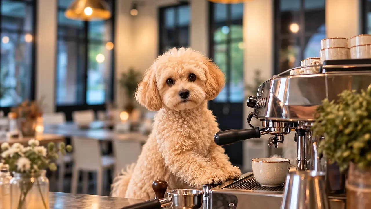 Ollie, het hondje, aan de koffiemachine in de bistro